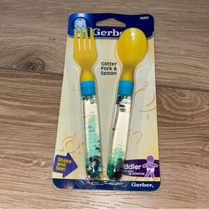 Vintage 2004 Gerber Glitter Fork & Spoon Set NOS NEW Yellow & Blue